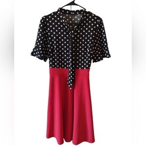 Red and black polka dot neck bow dress size Large